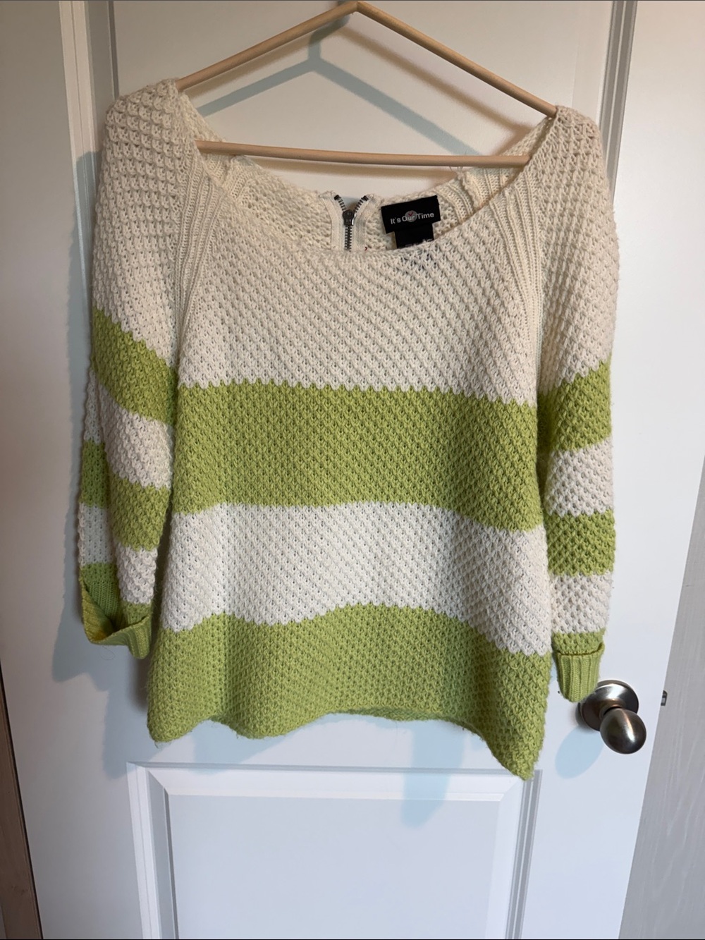 Kensie Cream and Lime Green Wide-Strip Knit Scoop Sweater